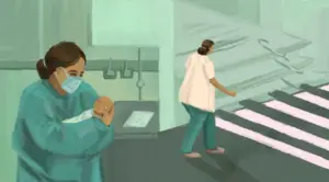 A masked nurse holds a baby and in a later moment crosses a lined road